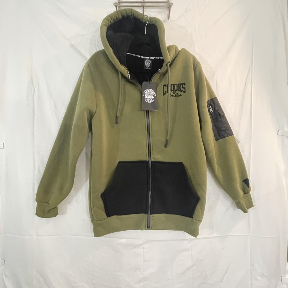 Crooks & Castles Hoodie Mens Large Olive Black Sherpa Lined Full Zip‎ Streetwear